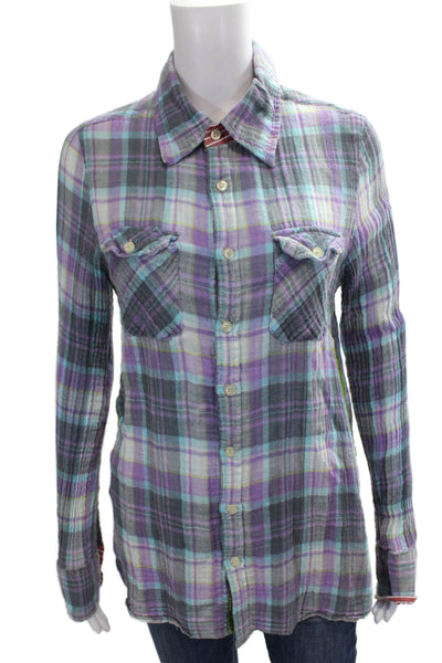 Vintage Havana Women Purple Cotton Plaid Button-Up Tunic Size M