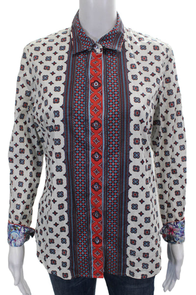 Robert Graham Women White Cotton Geometric Collared Button-Up Size L