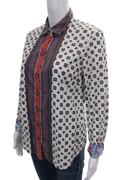 Robert Graham Women White Cotton Geometric Collared Button-Up Size L
