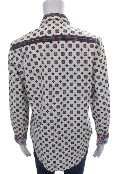 Robert Graham Women White Cotton Geometric Collared Button-Up Size L