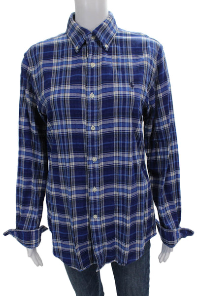 Ralph Lauren Women Plaid Cotton Collared Button-Up Long Sleeve Blue Size S