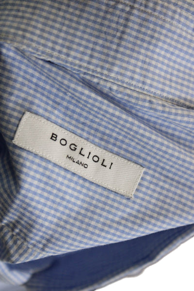 Boglioli Mens Checkered Long Sleeve Button Up Shirt Blue Size 43 17