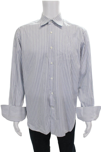 Ermenegildo Zegna Mens Striped Long Sleeve Button Up Shirt Blue Size 42/16.5