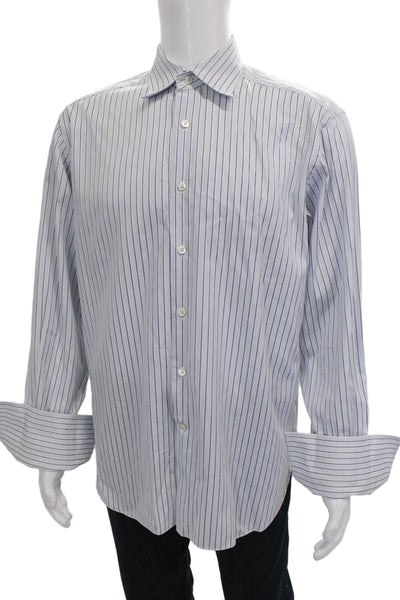 Ermenegildo Zegna Mens Striped Long Sleeve Button Up Shirt Blue Size 42/16.5