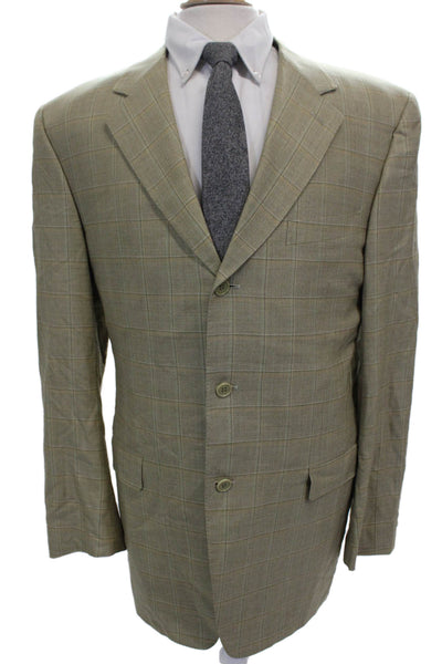Canali Mens Beige Wool Plaid Blazer Button Closure Fall Size 54