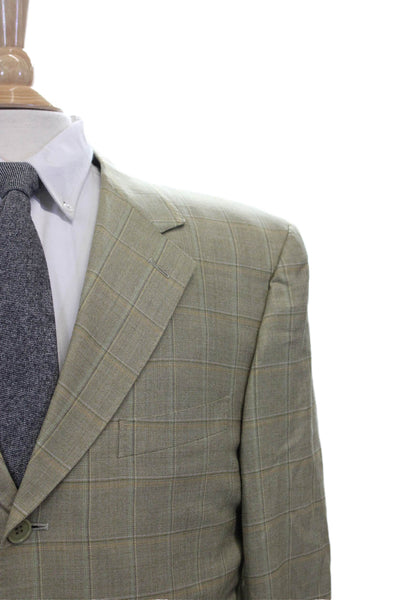 Canali Mens Beige Wool Plaid Blazer Button Closure Fall Size 54
