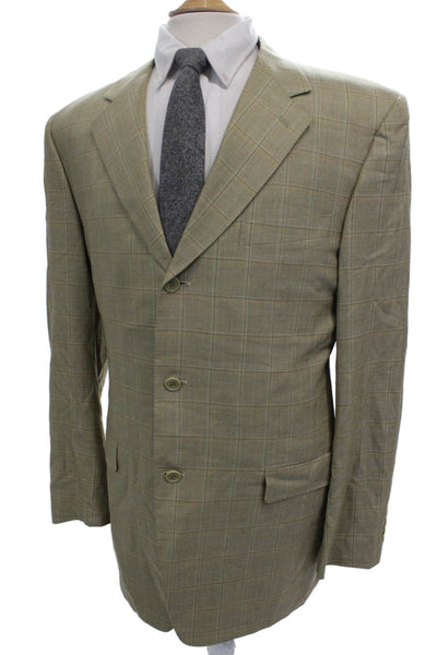Canali Mens Beige Wool Plaid Blazer Button Closure Fall Size 54