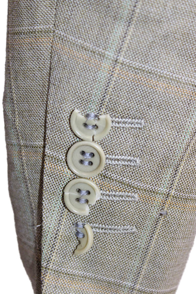 Canali Mens Beige Wool Plaid Blazer Button Closure Fall Size 54
