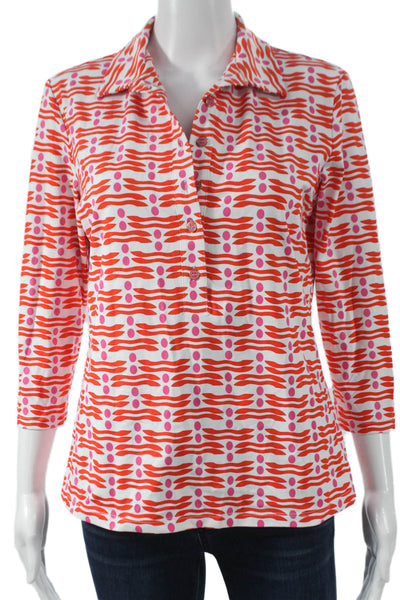 J. Mclaughlin Womens White Nylon Collared Geometric 3/4 Sleeve Polo Size M