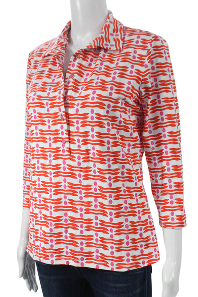 J. Mclaughlin Womens White Nylon Collared Geometric 3/4 Sleeve Polo Size M