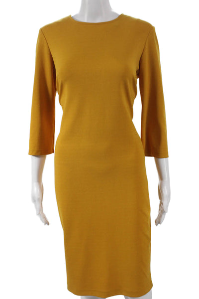 Marina Womens Sheath Dress Yellow Round Neck 3/4 Sleeve Tie Nylon Size 8