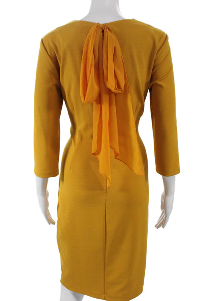 Marina Womens Sheath Dress Yellow Round Neck 3/4 Sleeve Tie Nylon Size 8