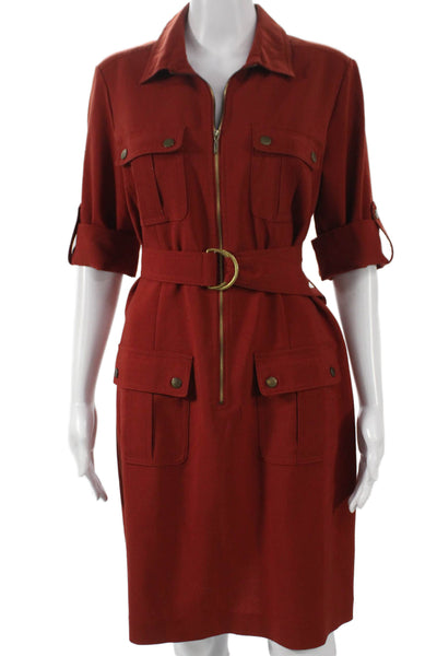 Sharagano Womens Red Shirt Dress Half Sleeve Collared Polyester Size 8