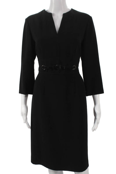 Tahari Women Sheath Dress Black V-Neck 3/4 Sleeve Knee Length Size 8