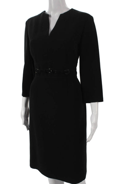 Tahari Women Sheath Dress Black V-Neck 3/4 Sleeve Knee Length Size 8