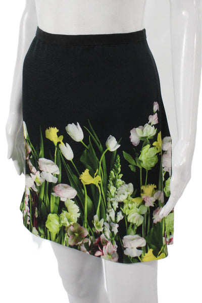 Victoria Beckham Womens Black Floral A-Line Skirt Polyester Zip Short Size L