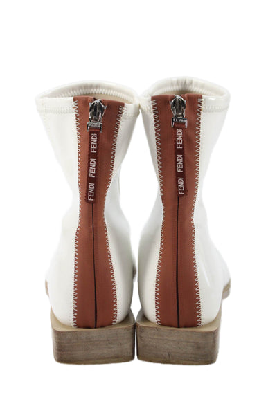 Fendi Womens Patent Leather Zip Up Ankle Boots White Brown Size 38 8