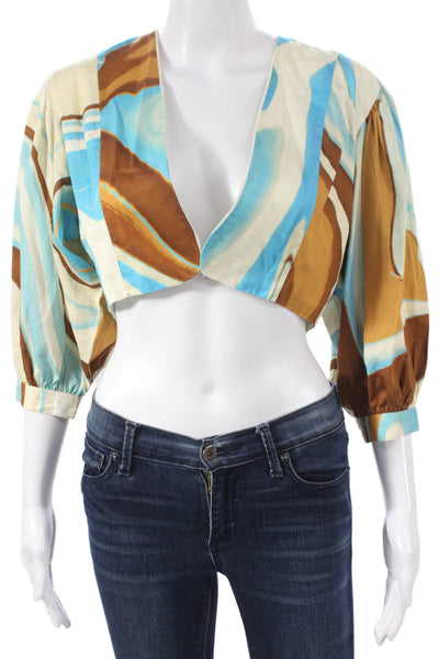 Hosbjerg Women Cropped Geometric V-Neck Blouse 3/4 Sleeve Multicolor Size S