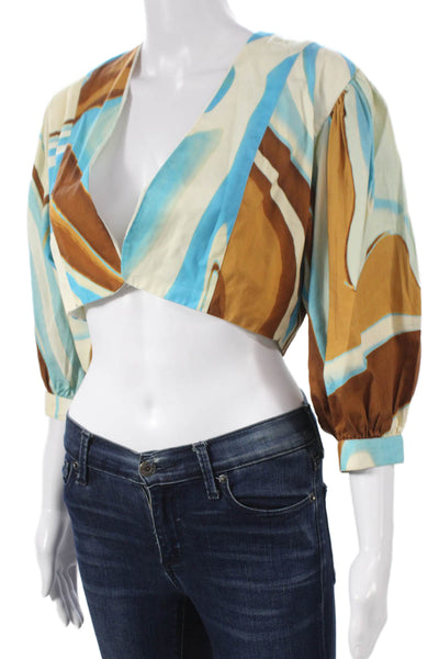 Hosbjerg Women Cropped Geometric V-Neck Blouse 3/4 Sleeve Multicolor Size S