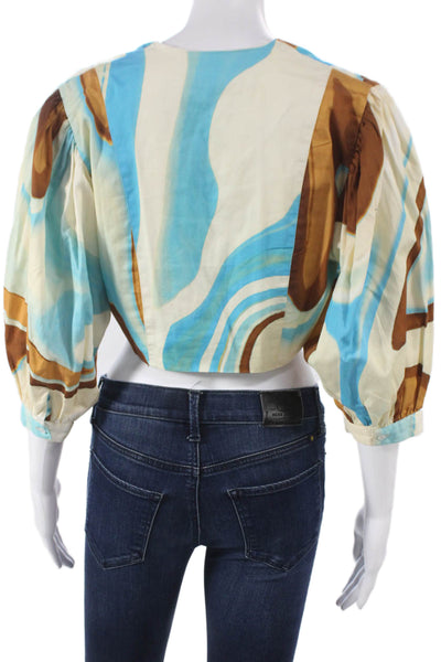 Hosbjerg Women Cropped Geometric V-Neck Blouse 3/4 Sleeve Multicolor Size S