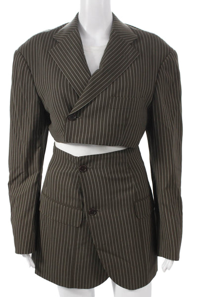 Havre Studio Womens Pinstriped Cropped Mini Skirt Suit Brown Size Small