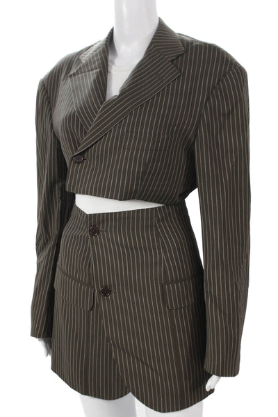Havre Studio Womens Pinstriped Cropped Mini Skirt Suit Brown Size Small