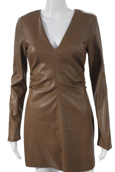 Zara Women Bodycon Dress Brown V-Neck Long Sleeve Zip Short Size S