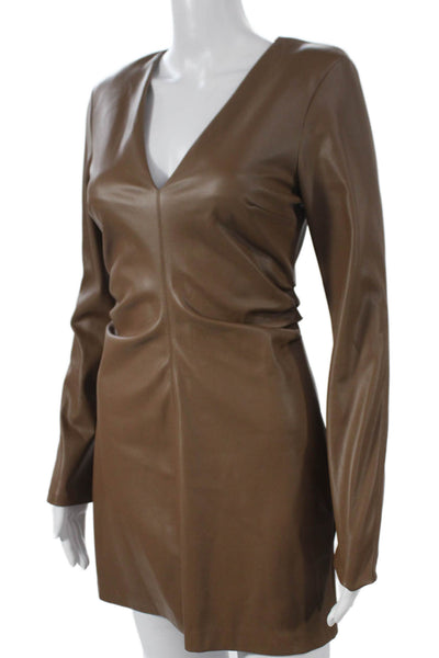 Zara Women Bodycon Dress Brown V-Neck Long Sleeve Zip Short Size S
