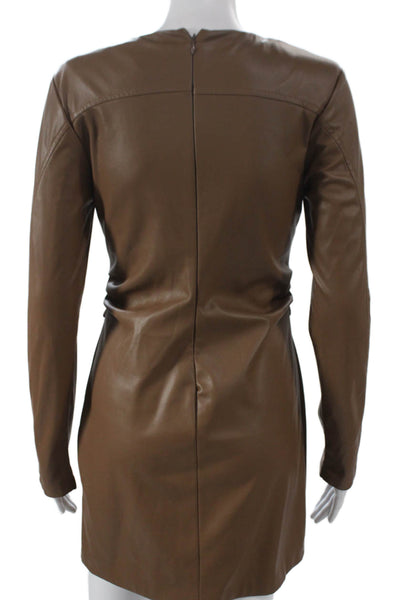Zara Women Bodycon Dress Brown V-Neck Long Sleeve Zip Short Size S