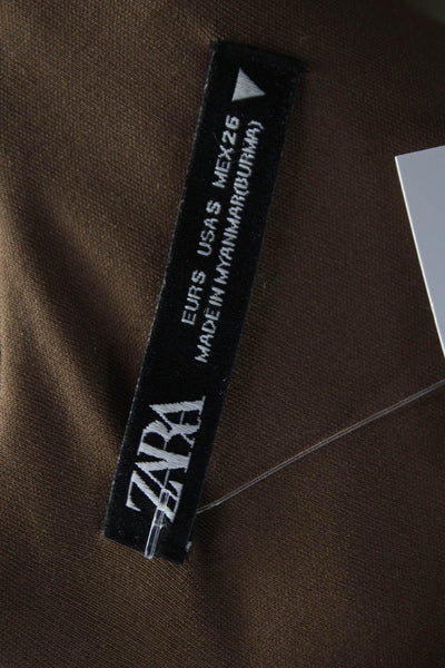 Zara Women Bodycon Dress Brown V-Neck Long Sleeve Zip Short Size S