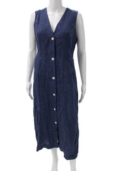 Jenni Kayne Women Blue Linen V-Neck Sleeveless Shirt Dress Button Size S