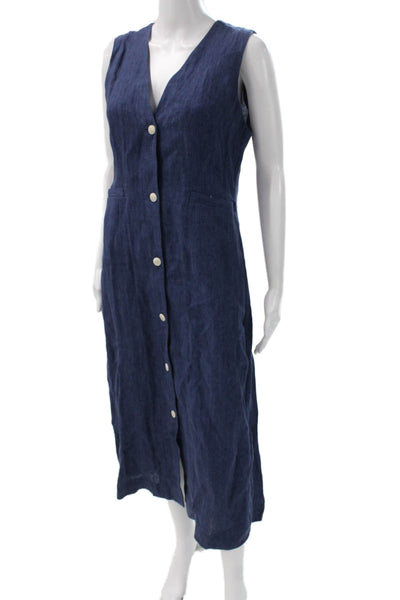 Jenni Kayne Women Blue Linen V-Neck Sleeveless Shirt Dress Button Size S