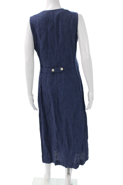 Jenni Kayne Women Blue Linen V-Neck Sleeveless Shirt Dress Button Size S