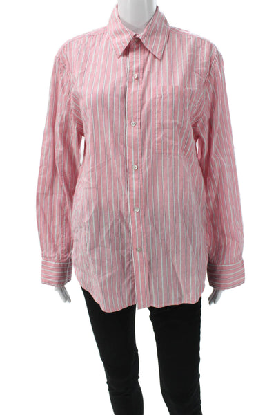 Amo Womens Collared Striped Pink Cotton Long Sleeve Button-Up Top Size XS