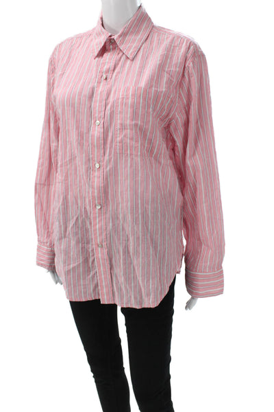 Amo Womens Collared Striped Pink Cotton Long Sleeve Button-Up Top Size XS