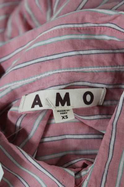 Amo Womens Collared Striped Pink Cotton Long Sleeve Button-Up Top Size XS