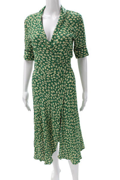 Ganni Women Wrap Dress Green Floral Collared Short Sleeve Long Tie Waist Size S
