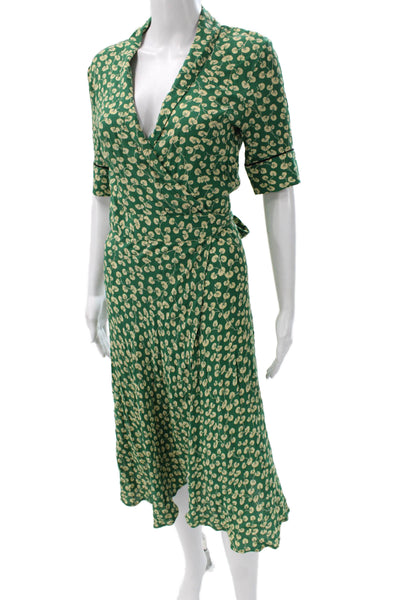 Ganni Women Wrap Dress Green Floral Collared Short Sleeve Long Tie Waist Size S