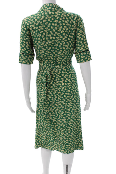 Ganni Women Wrap Dress Green Floral Collared Short Sleeve Long Tie Waist Size S