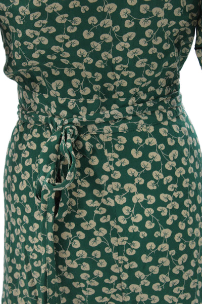 Ganni Women Wrap Dress Green Floral Collared Short Sleeve Long Tie Waist Size S