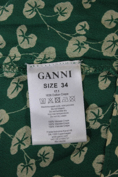 Ganni Women Wrap Dress Green Floral Collared Short Sleeve Long Tie Waist Size S