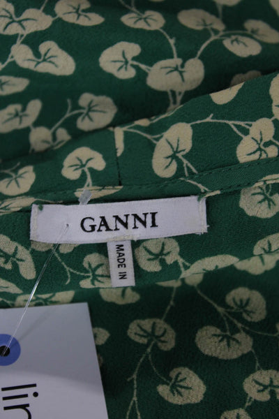 Ganni Women Wrap Dress Green Floral Collared Short Sleeve Long Tie Waist Size S