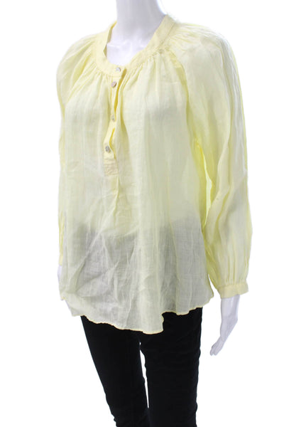 Zara Womens Linen Blend Collared Button Long Sleeve Basic Blouse Yellow Size XS