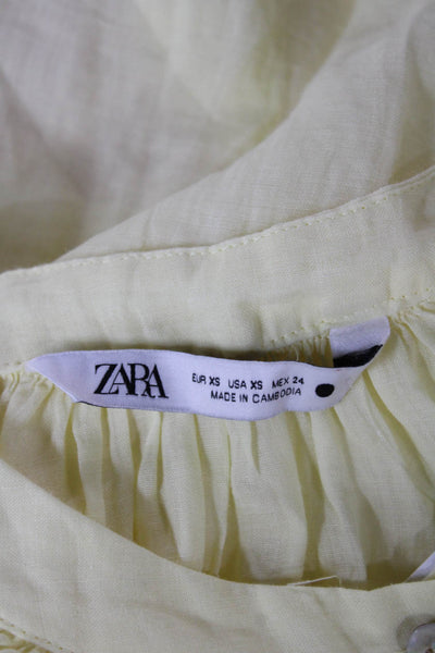 Zara Womens Linen Blend Collared Button Long Sleeve Basic Blouse Yellow Size XS