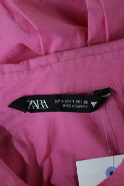 Zara Women Collared Cotton Blend Long Sleeve Basic Button-Up Pink Size S
