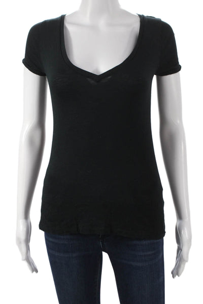 J Crew Women Black V-Neck Cotton Basic T-Shirt Short Sleeve Size 2XS