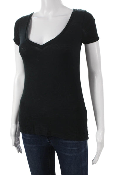 J Crew Women Black V-Neck Cotton Basic T-Shirt Short Sleeve Size 2XS