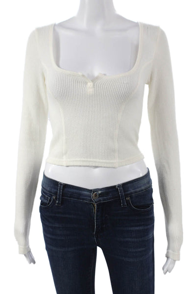 Out From Under Womens Cropped Waffle Top Long Sleeve White Square Neck Size M