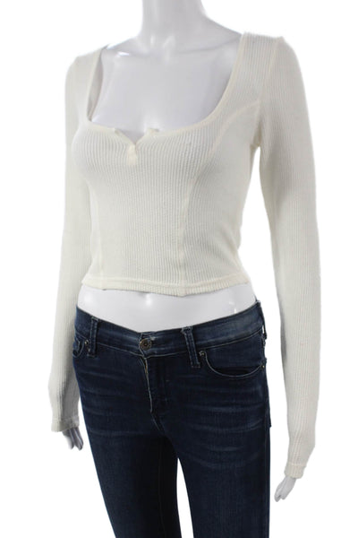 Out From Under Womens Cropped Waffle Top Long Sleeve White Square Neck Size M