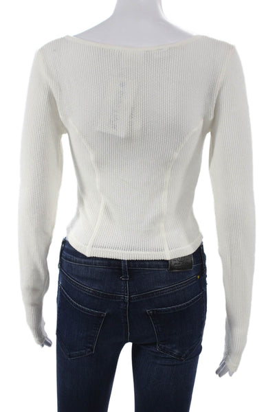 Out From Under Womens Cropped Waffle Top Long Sleeve White Square Neck Size M